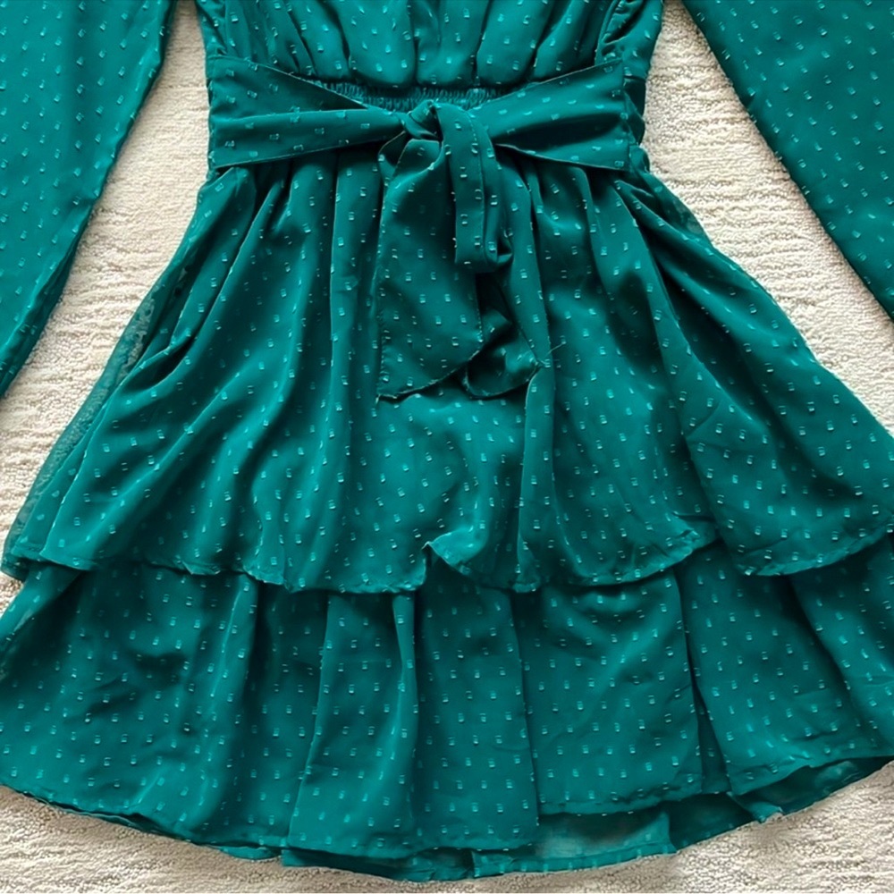 Japna Green Flowy Long Sleeve Mini Dress w Blended Polka Dot size small - Picture 6 of 15